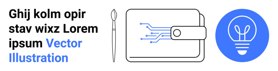 Digital payments, electronic banking, fintech, creativity, art and design, innovation. Wallet with circuit lines, brush and light bulb. Digital payments and creativity concept © robu_s