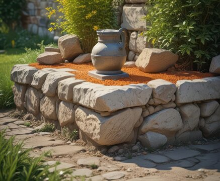 Handwerker legt Pflasterstein in Gartenanlage mit geradem Stein und sauberer Oberfl?che ,  steinlegung,  garten,  sauber