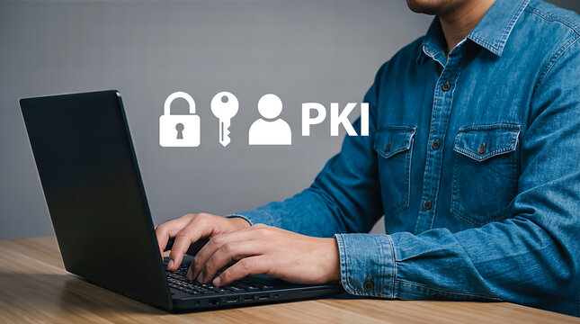 Public key infrastructure pki concept with digital security icons and person working on laptop computer