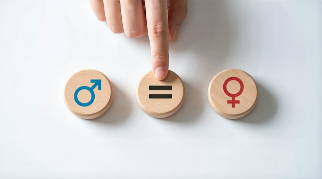 Finger pressing a wooden block with an equal sign between male and female gender symbols