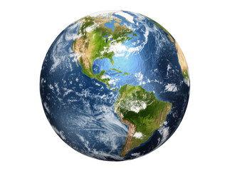 Detailed 3D render of Earth globe, showcasing the Americas with vibrant landmasses, blue oceans, and atmospheric clouds, isolated PNG