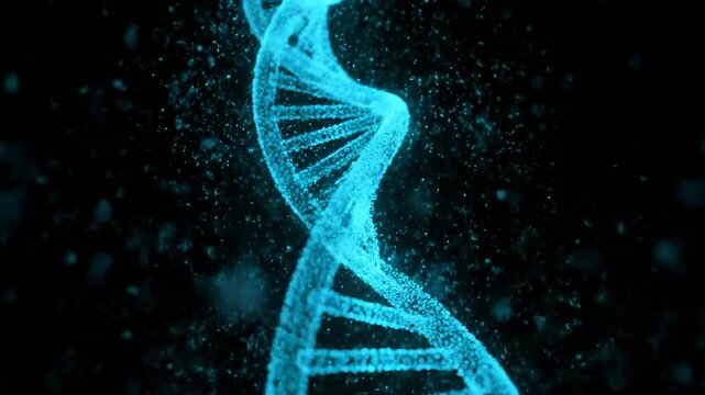 DNA double helix glowing in digital particles against dark background