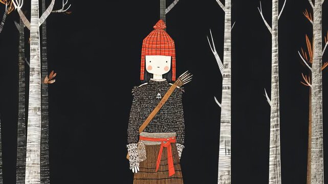 Whimsical Forest Adventure: Exploring with the Archer in Red Hat - A Children&rsquo;s Cartoon Style Illustration