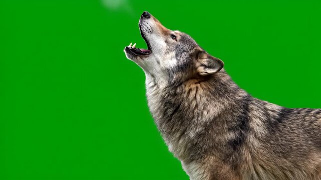 Wolf howling against green screen background with natural fur texture and open mouth in mid-scream