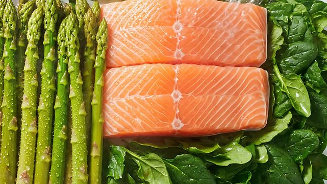 Two pristine raw salmon fillets are presented beautifully alongside vibrant green asparagus spears and fresh spinach leaves for a healthy meal.