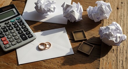 Wedding rings on an envelope amidst crumpled paper, calculator, on wooden surface