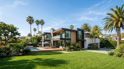 Fototapeta premium modern luxury house with swimming pool and tropical landscaping exterior