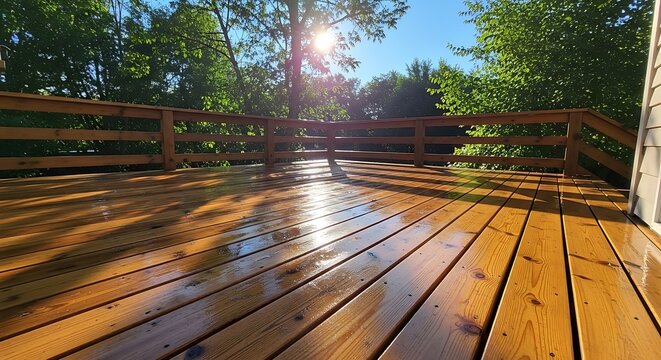 Wood deck glistening in sunlight, surrounded by green trees. View of rails and the sky