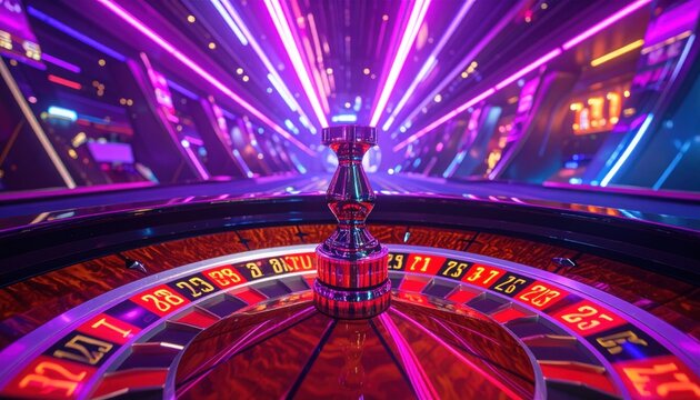 A modern digital roulette wheel with vibrant LED display, showcasing the numbers in a futuristic casino environment with glowing purple light beams.