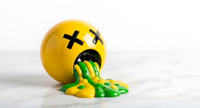 Yellow emoji with crossed-out eyes spews green and yellow liquid on a marble surface