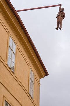 Vertical view of Sigmund Freud Hanging Out sculpture by David Cerny in Prague