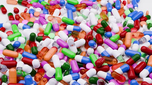 Pillole con colori e forme diverse in movimento, rendering 3d