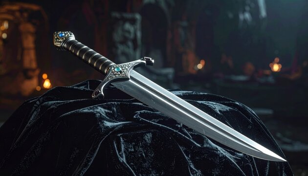 A gleaming silver dagger with an intricately jeweled hilt resting elegantly on a luxurious dark velvet cloth, highlighting its exquisite craftsmanship and ancient allure.