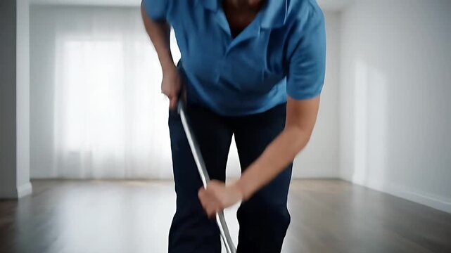 Focused professional housekeeper efficiently cleans glossy dark hardwood floors using a large microfiber dust mop with a long metallic handle during daytime work hours.