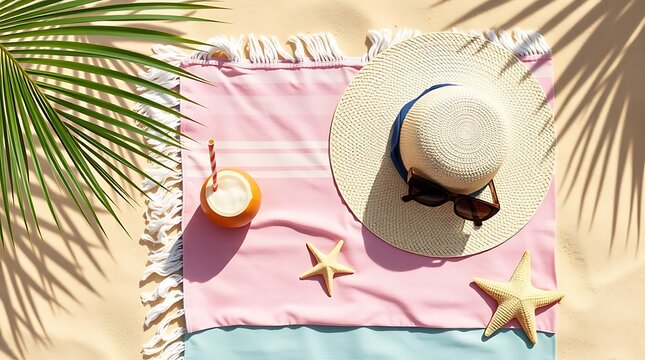 Minimal Summer Beach Flat Lay with Straw Hat, Coconut Drink and Seashells on Sand