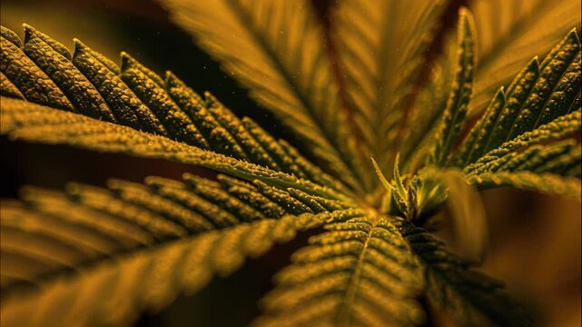 Cannabis Leaf Close-up: An evocative close-up of a cannabis leaf, showcasing intricate details, texture, and vibrant natural colors.