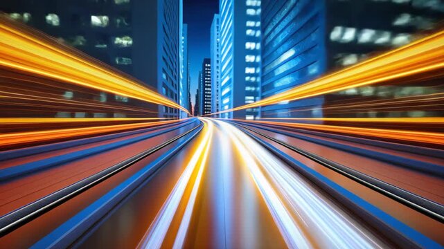 City of Velocity: A futuristic vision of a city at night, with streaks of light representing the fast-paced flow of modern transport and communication within the towering skyscrapers. 