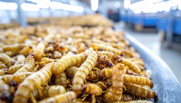 Close-up of nutrient-rich edible insect larvae being harvested and prepared in a controlled farm environment, showcasing sustainable protein.