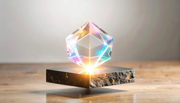 Levitating Holographic Data Crystal Emitting Multidimensional Glow Above Stone Pedestal