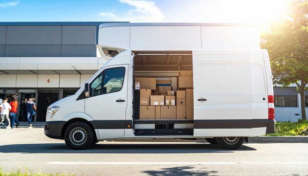 White delivery van loaded with cardboard boxes parked outside a building, ready for essential medical supply distribution under a sunny sky.