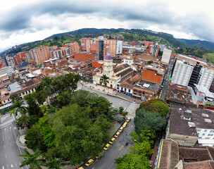 Fototapeta premium Caldas, Antioquia - Colombia. January 12, 2026. Panoramic drone view of the municipality located 24.7 km from Medellin.