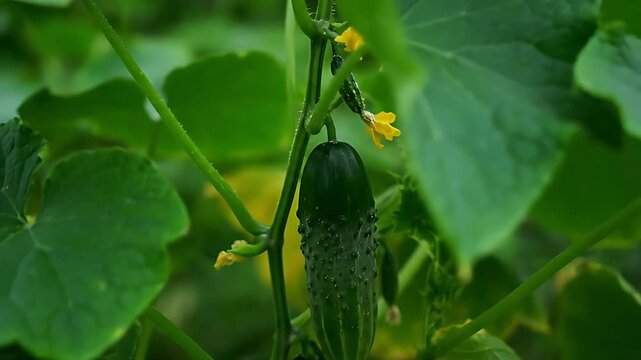 Vibrant green cucumber plant showcases large textured leaves, a developing fruit, and small yellow blossoms growing outdoors in a garden setting.