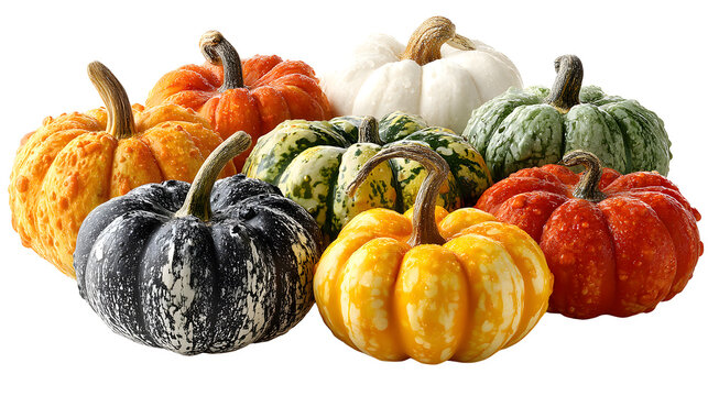 Decorative pumpkins for autumn harvest (zucche) arranged beautifully isolated on white background