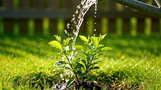A small, vibrant green sapling is carefully nurtured with fresh water pouring from the spout of a classic metal watering can onto rich soil in a sunny garden setting.
