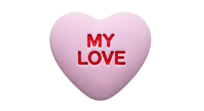 A pink heart-shaped candy with the words 'My Love' on transparent background