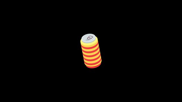 An isometric illustration depicts a vibrant, striped beverage can with a silver pull tab.