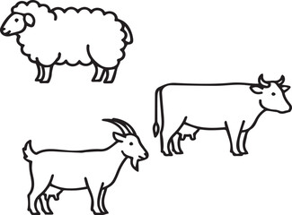 Fototapeta premium Black and white line drawing of a sheep, cow, and goat standing