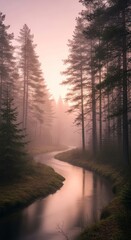 Fototapeta premium Serene forest landscape with a winding river and tall trees at sunrise natural scenery