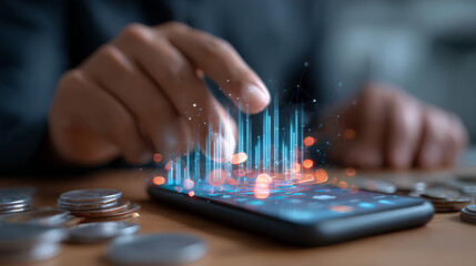 Naklejka premium Mobile finance management concept with person checking real time transactions, digital income and expense tracking, and financial data analytics on smartphone for personal budgeting and smart banking