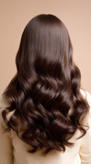 Naklejka premium Long wavy brunette hair from back view representing beauty and healthy hair care.