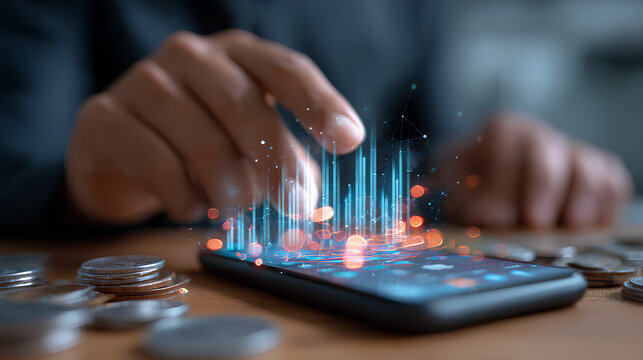 Mobile finance management concept with person checking real time transactions, digital income and expense tracking, and financial data analytics on smartphone for personal budgeting and smart banking