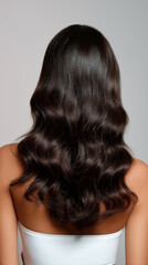 Fototapeta premium Long wavy brunette hair viewed from back isolated on neutral background representing beauty and hair care.