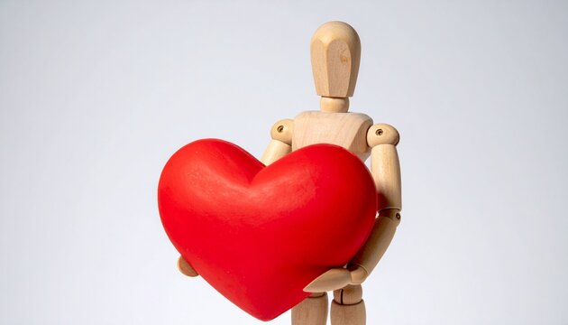 ハートのオブジェを持つ木の人形。AIで生成	