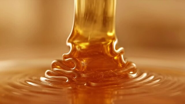 Extreme close-up of thick golden syrup pouring into a pool under warm soft lighting