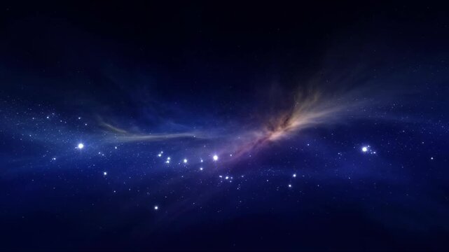 Extreme wide shot of a luminous blue and golden nebula slowly drifting across deep space surrounded by bright star clusters