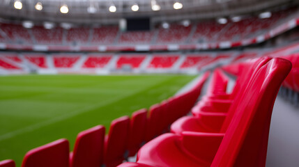 Obraz premium Red stadium seats with football field in background representing sports venue and spectator experience