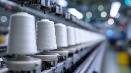 Fototapeta premium Textile factory with spools of thread in production line representing manufacturing, industry and fabric processing