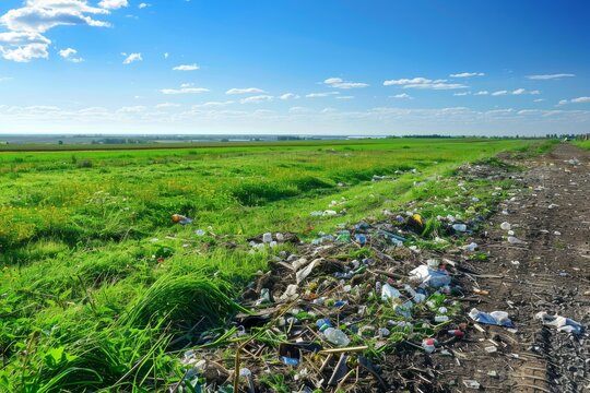 Pollution in green field under blue sky with plastic debris