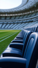 Obraz premium Empty stadium seats with football field in background representing sports event atmosphere and spectator experience