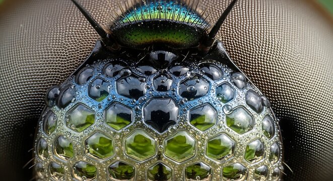 A close-up view of a bee's intricate compound eye and head