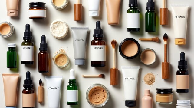 Organic and Natural Skincare Products with Makeup Brushes and Po