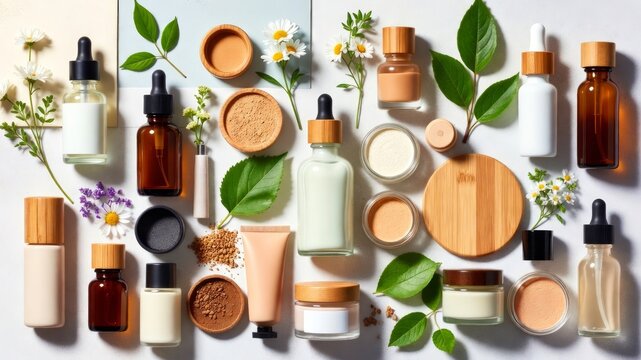 Natural Skincare and Cosmetic Products with Flowers and Leaves