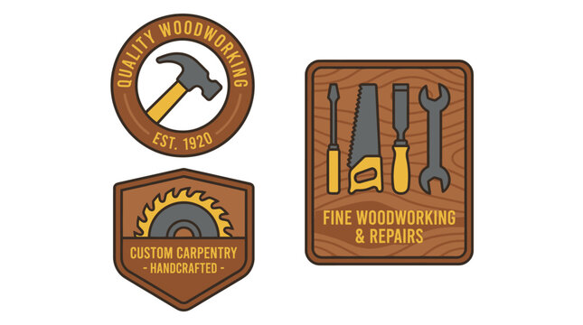 Set of Woodworking and Carpentry Badges with Tools and Saws. Vector Illustrations. EPS Editable