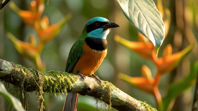Vibrant Turquoise-browed Motmot Perched on Mossy Branch Among Tropical Heliconia Flowers in Lush Rainforest
