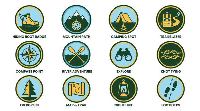 Collection of Travel Badges and Circular Emblems for Exploration. Vector Illustrations. EPS Editable