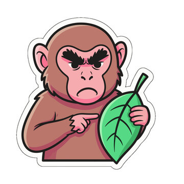 Kawaii angry monkey pointing at a green leaf, a cute sticker design. This original svg vector illustration is an expressive animal character